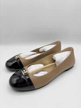 Michael Kors Mandy Ballet Flats Camel Brown Black Leather Cap Toe Women’s 7.5 M